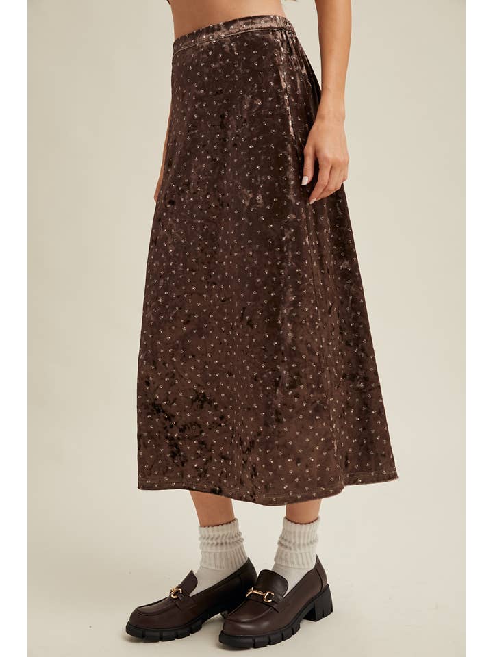 BROWN VELVET DITSY FLORAL MIDI SKIRT / WL25-11136 for wholesale on Faire1