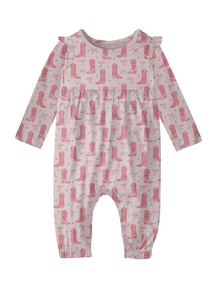 Goosies - Wholesale Jumpsuit - Baby - Cowgirl Boots & Bows - LS Flutter Romper (DISCONTINUED)