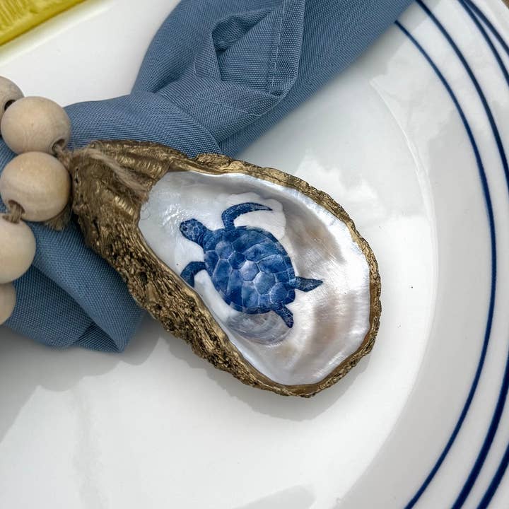 Sea Turtle Painted Oyster Shell Napkin Rings for wholesale by Gigi’s Art Studio