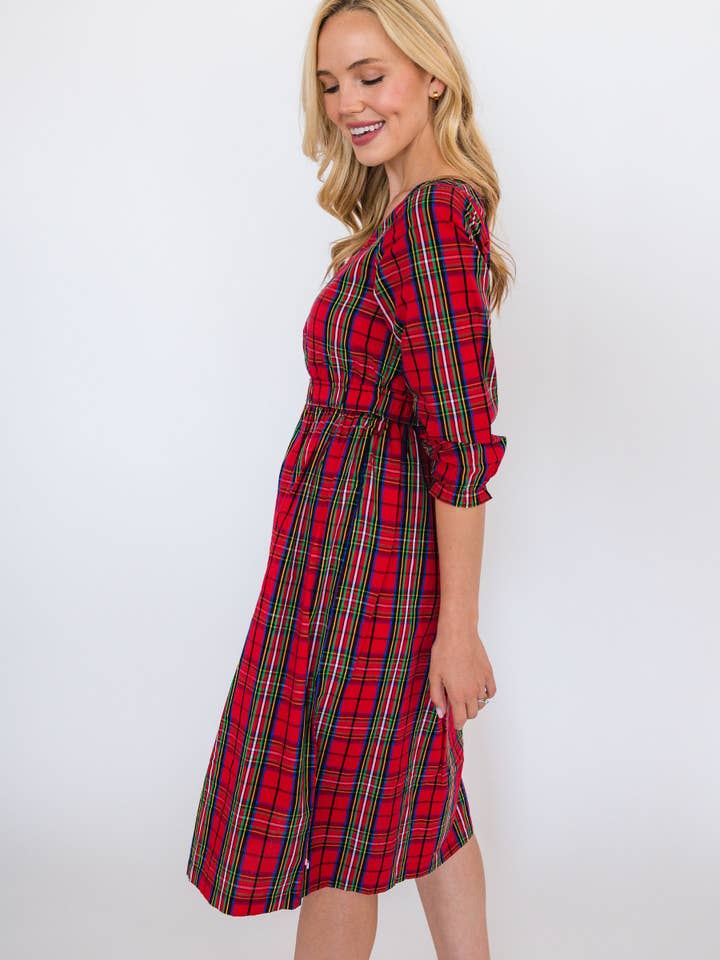 Vermelho Vestido Midi com Camadas e Mangas Bufantes 3/4 Xadrez Vermelho Nicholas para Mulher para venda a revendedores na Faire2