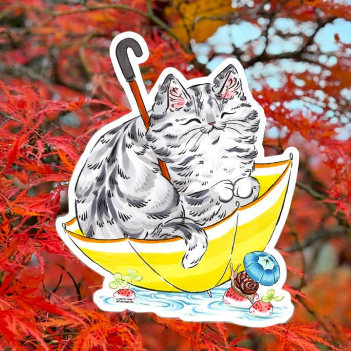 Welcome Rain Cat Sticker for wholesale by Paper Puffin