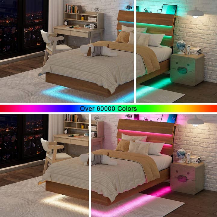 Walnut Twin Size Floating Bed Frame With RGB LED Lighting for wholesale on Faire7