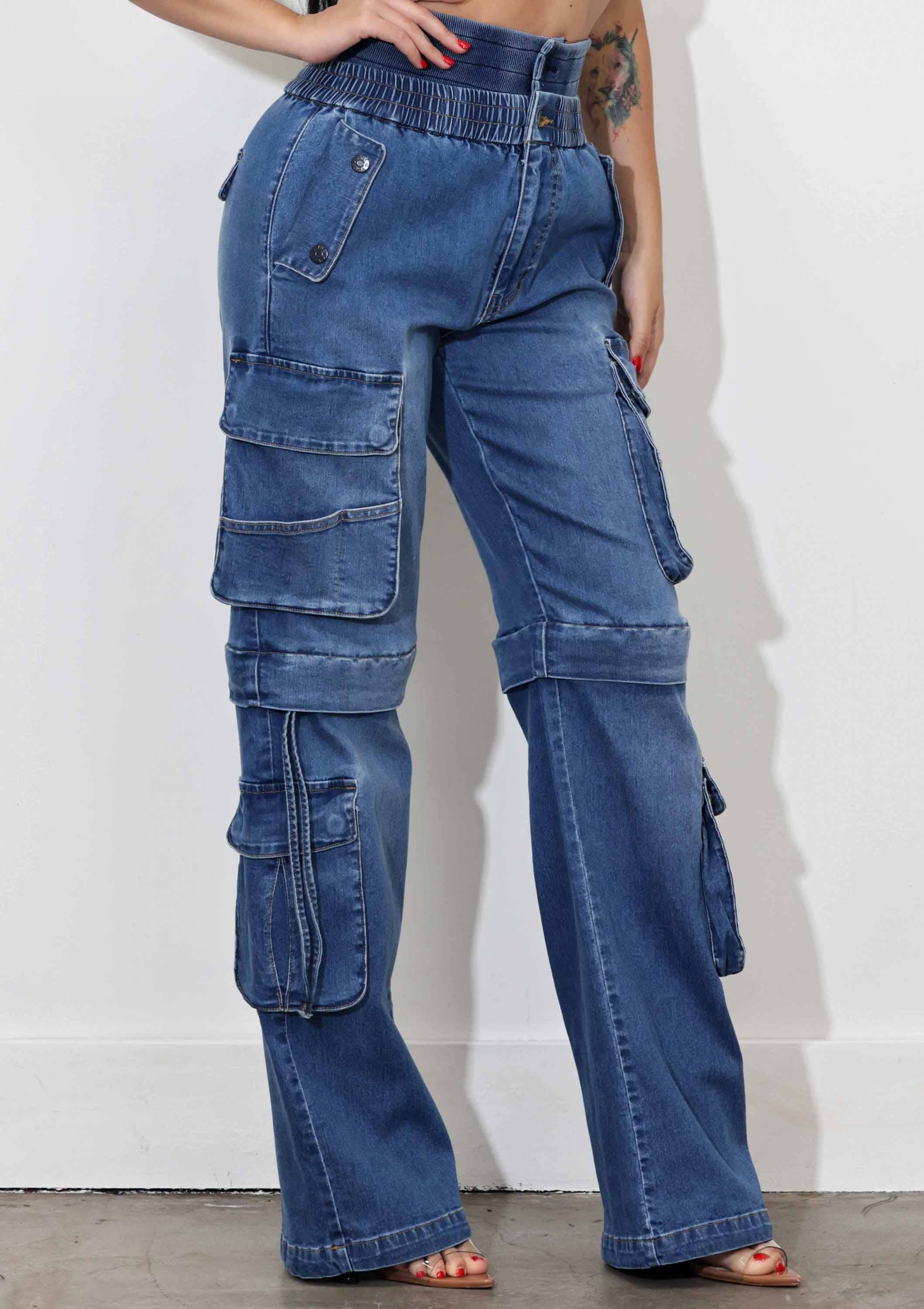 Medium Stone Convertible Baggycargojeans With Double Waist Band for wholesale on Faire4