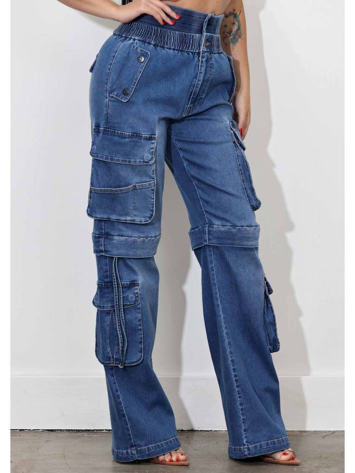 Medium Stone Convertible Baggycargojeans With Double Waist Band for wholesale on Faire4