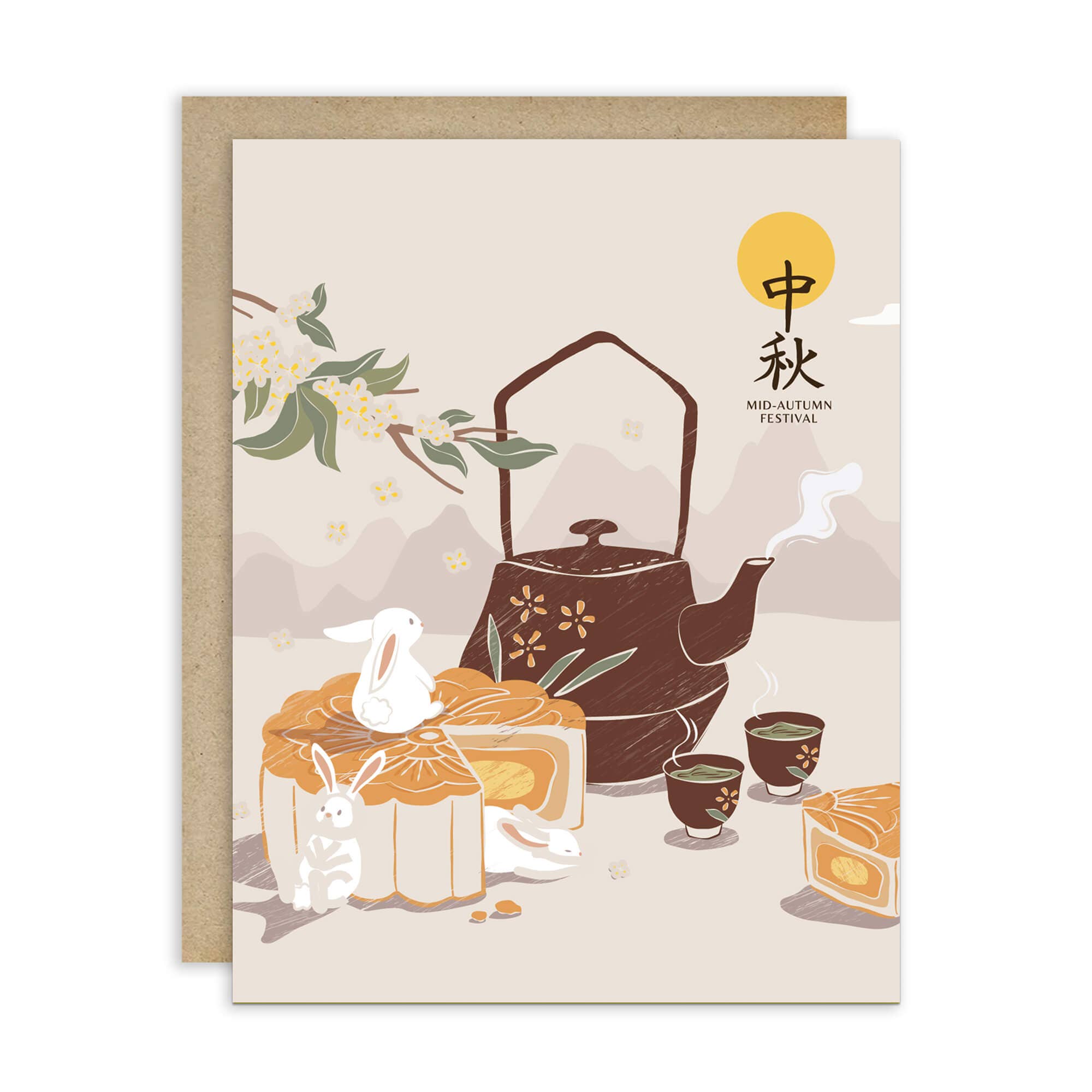 Cute Asian Cards - Wholesale Everyday Greeting Card - Brown Teapot Mid-Autumn Festival Card | Jade Rabbits Full Moon0