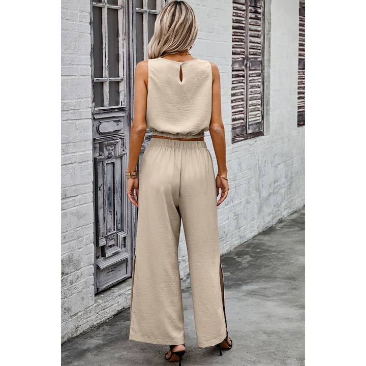 khaki Two Pieces Side Open Pockets Sleeveless Sets for wholesale on Faire