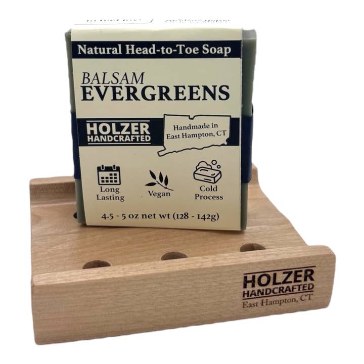 Soap + Soap Dish Gift Set - BALSAM EVERGREENS Handmade Soap Bar + Handcrafted Hardwood Soap Dish | Natural Cold Process, Vegan, 4.5 oz | Balsam + Bayberry + Fraser Fir Scented Soap for wholesale by Holzer Handcrafted ®