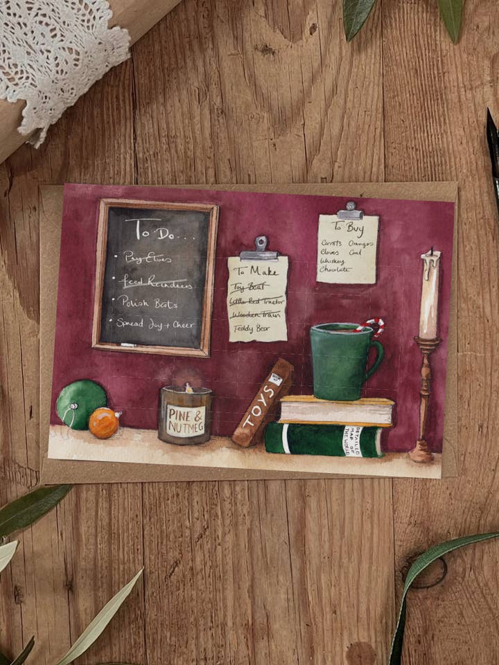 Santa's Desk Cosy Christmas Card for wholesale by Brooke Marie