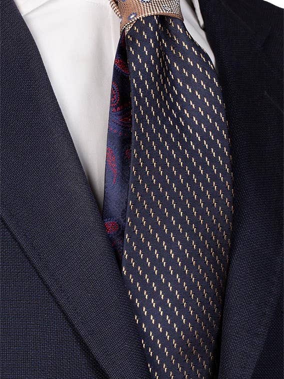 Blue Tie with Beige Pattern and Contrasting Beige Patterned Knot N1973 for wholesale by Graffeo Cravatte