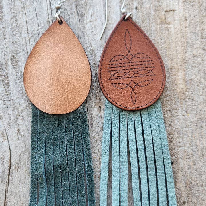Cocklebur & Co. - Wholesale Dangle Earrings - "Rainy" Handmade Bootstitch Leather and Fringe Earrings2