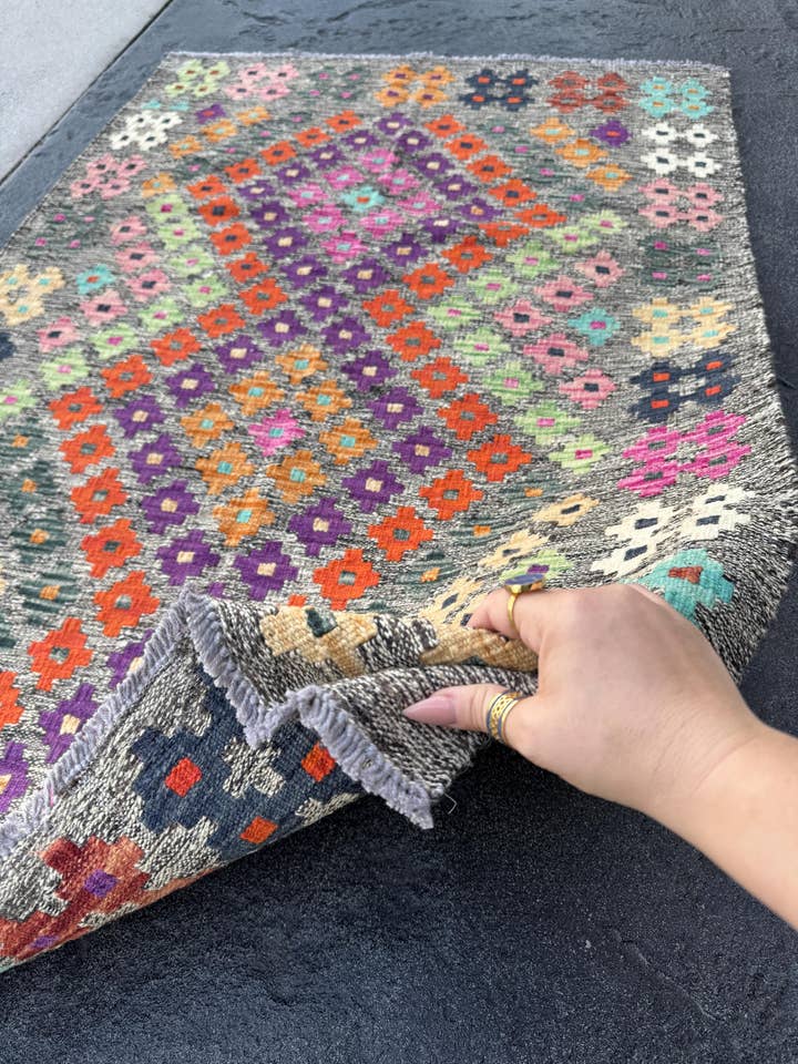3x5 Handmade Afghan Kilim Runner Rug | Grey Midnight Navy Aqua Blue White Cream Baby Fuchsia Pink Burnt Orange Mint Green Purple Wine Red for wholesale by The Rug Mine