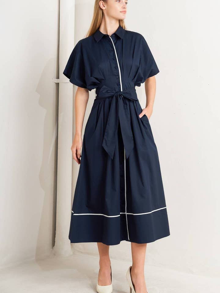 A solid woven midi dress - FD1981 NAVY WHITE for wholesale by FLYING TOMATO