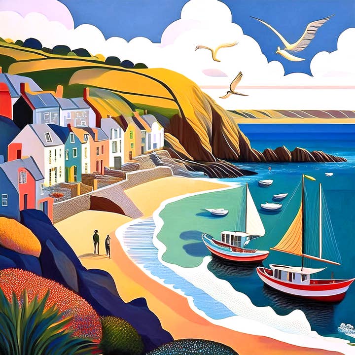 Boats in harbour art deco IV for wholesale by Coastal & Countryside Greeting Cards by NY