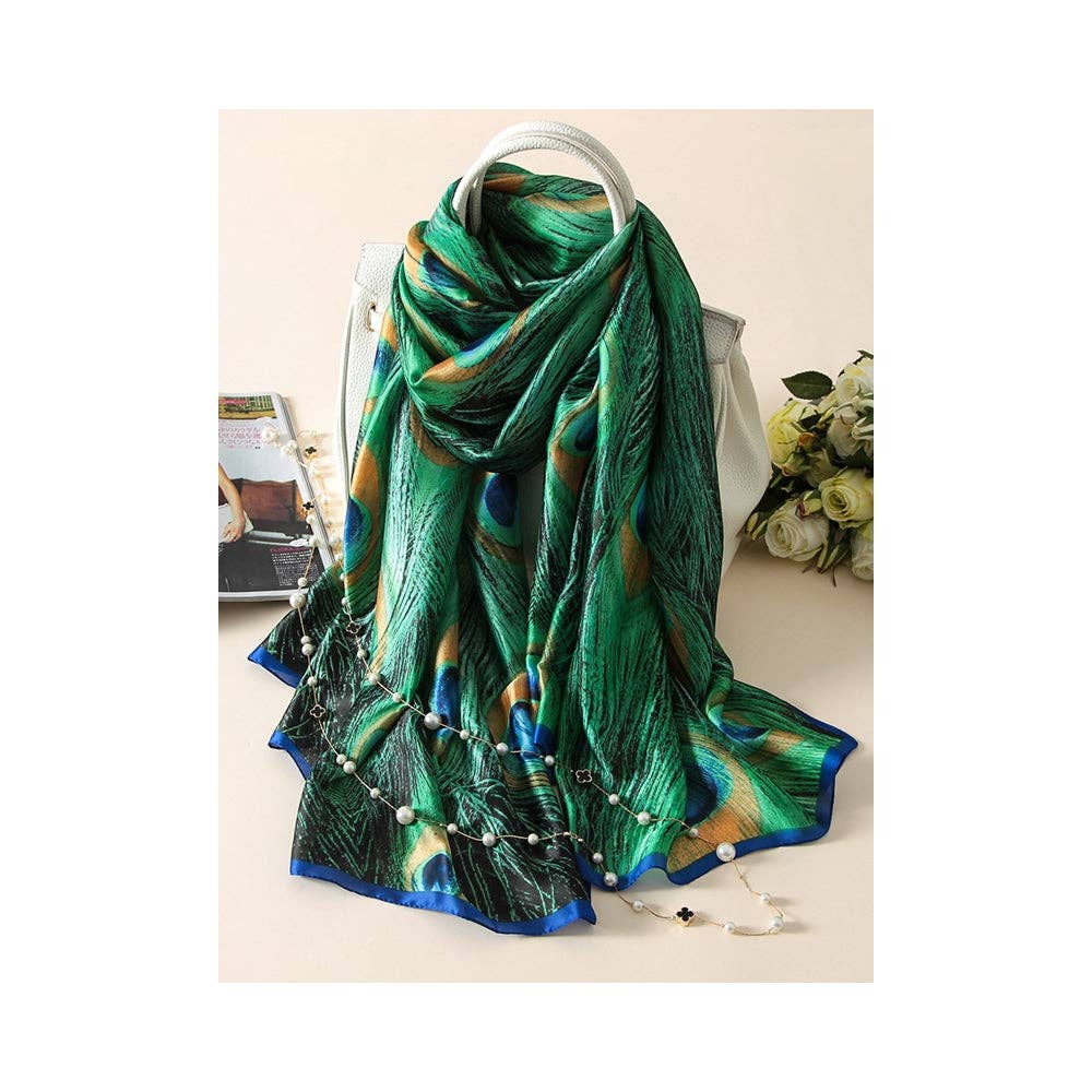 GRÖN Vintage påfågeltryckt sidenimitation sjal och halsduk för wholesale på Faire1