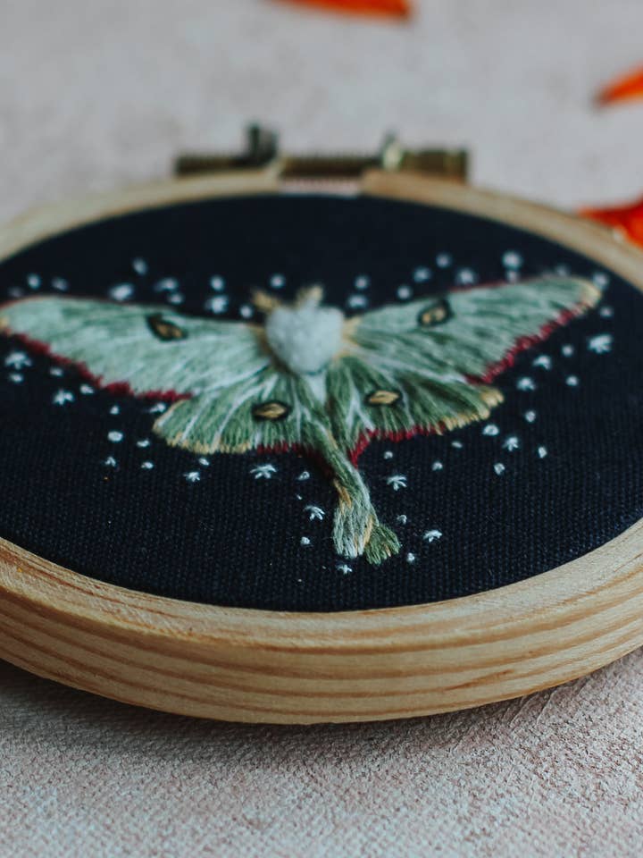 Luna Moth Embroidery Kit for wholesale by Harvest Goods Co.