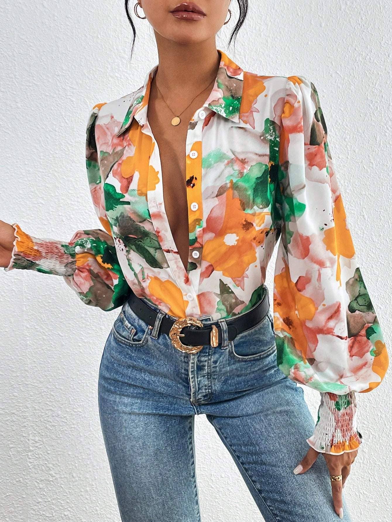 Fashion Combination - Wholesale Button Down Shirt - Women's - priv floral print lantern sleeve shirt27
