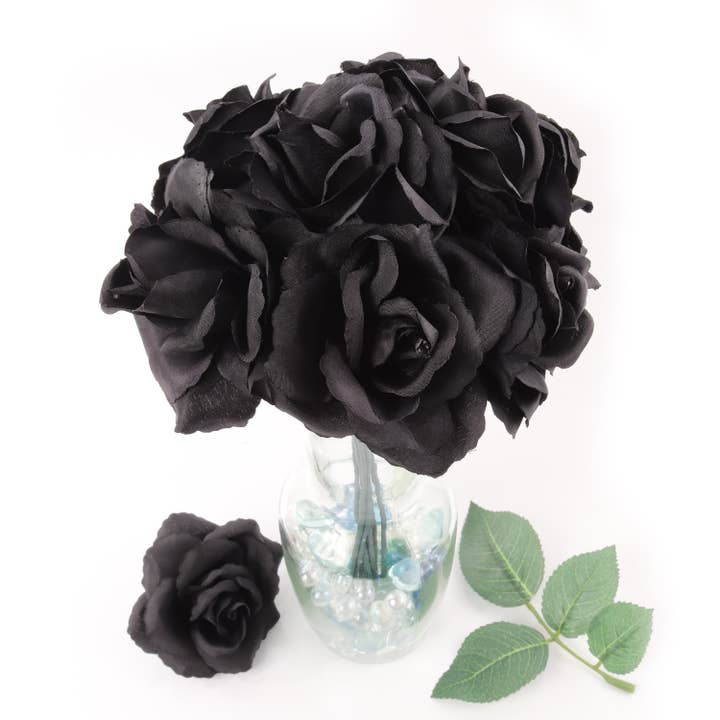 Larksilk - Wholesale Artificial Flowers - Black Silk Rose Picks | 50 Pack - 8In X 3In.