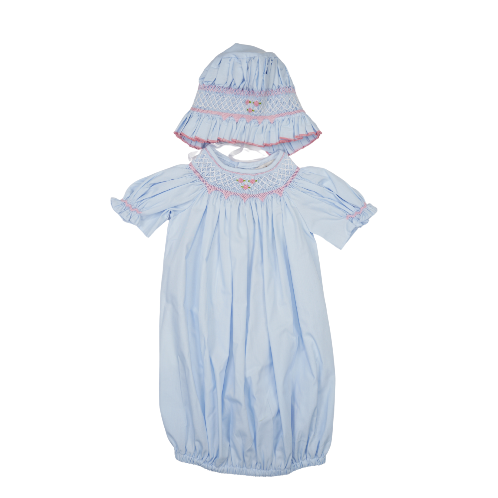 Hello Bebes! - Vendita all'ingrosso Completo da abito - Neonati - Abito blu a maniche corte con ricami e cuffietta ricamata0