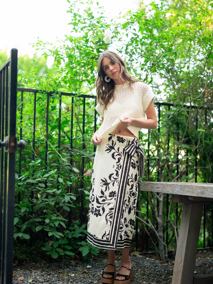 Black S5512 FLORAL PRINT LINEN WRAP SKIRT for wholesale on Faire