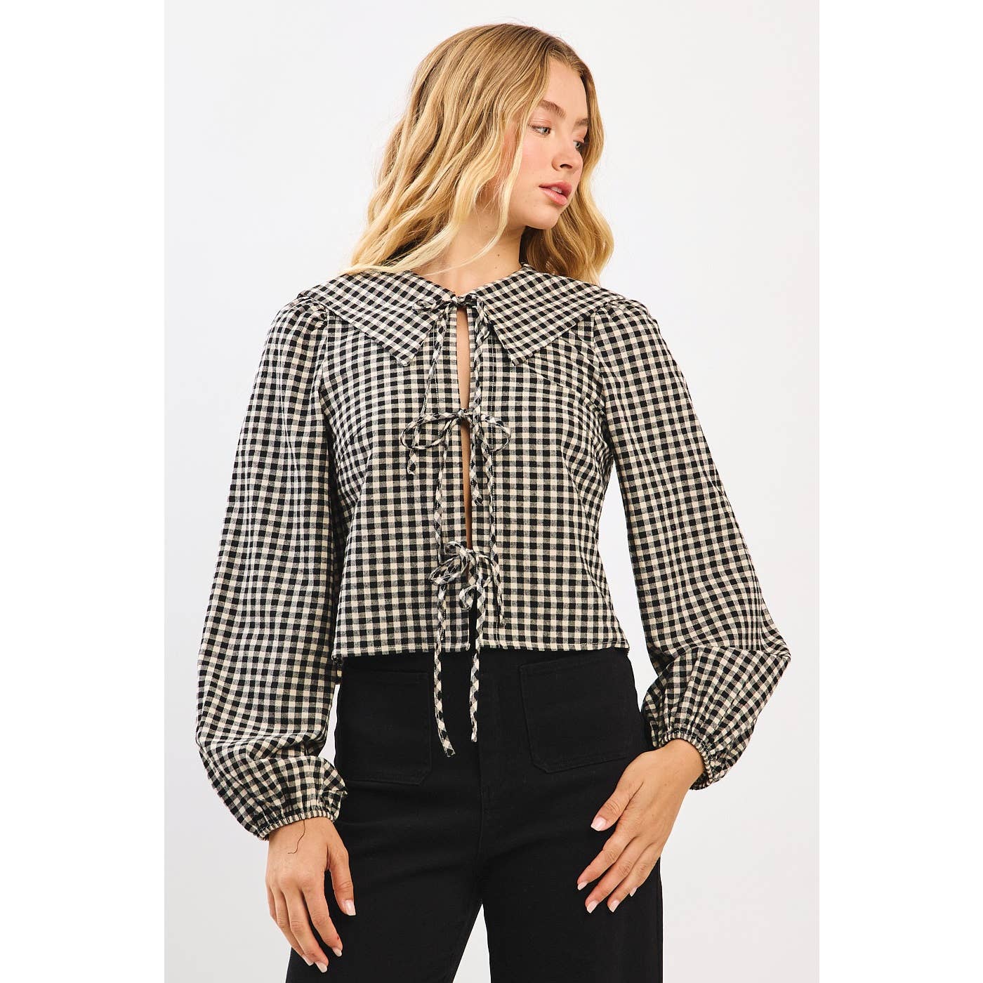 mittoshop - Wholesale Knit Top - Women's - CHECKERED TIE FRONT BIB COLLAR LONG SLEEVE TOP9