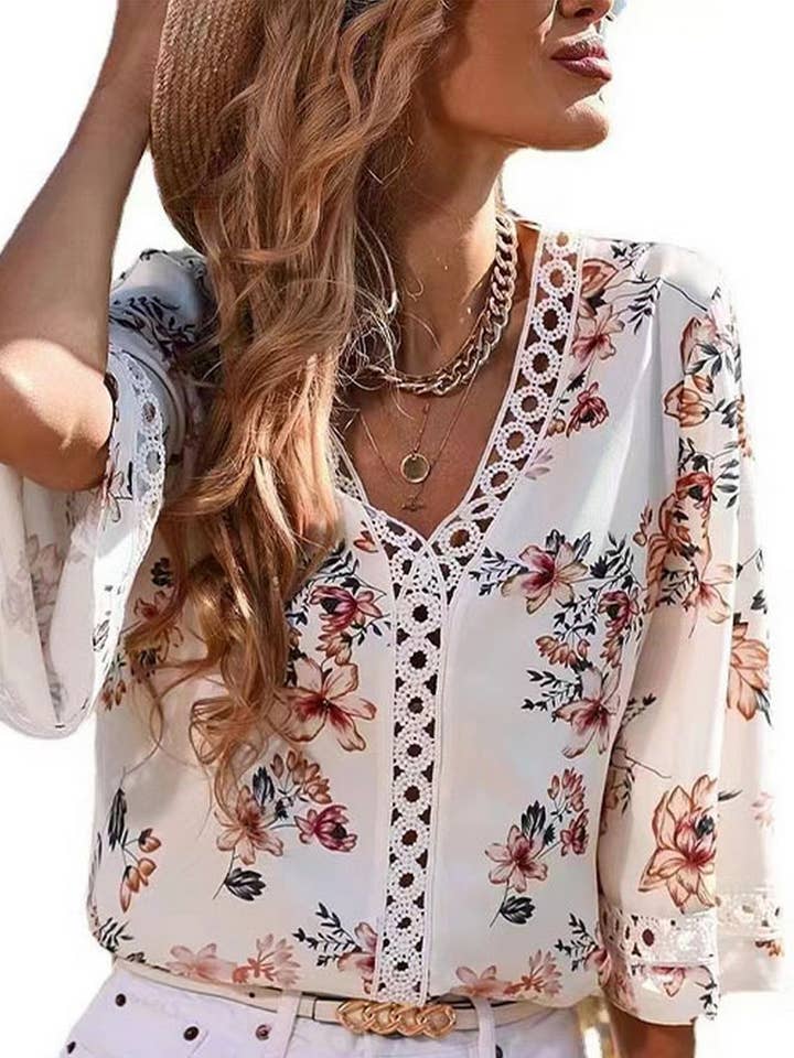 NINEXIS - Wholesale Blouse - Women's - CWTBLS2037_LOOSE FIT V-NECK BELL SLEEVE LACE CHIFFON TOP