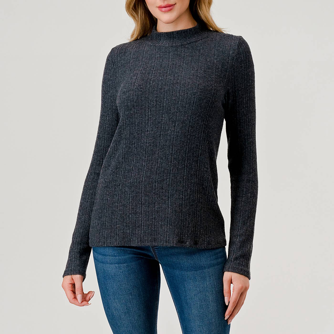 Heimious - Vente Haut en maille – femme - Haut en tricot côtelé brossé à manches longues et col montant, coupe décontractée, T7641