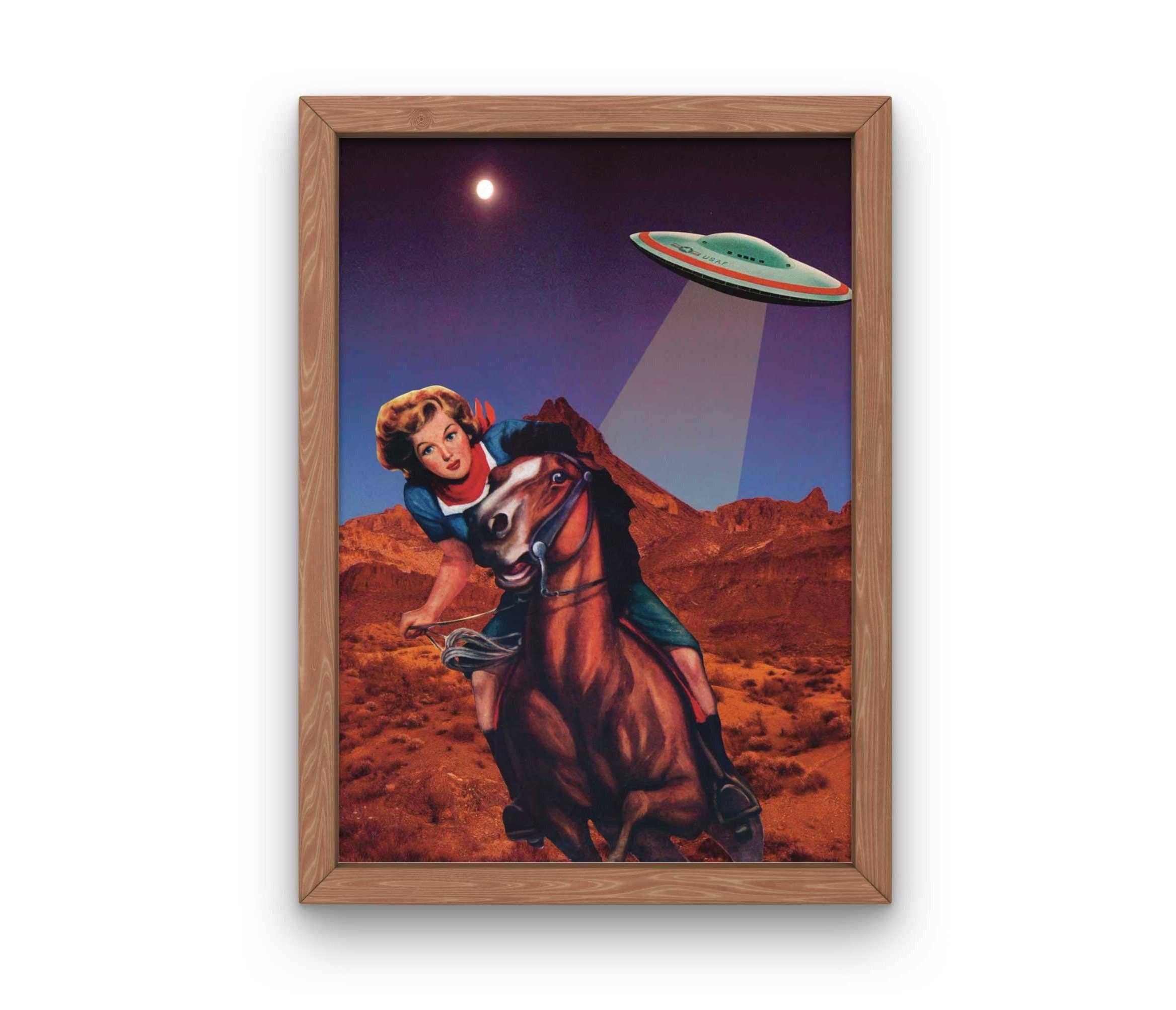 Lady Kady Art - Wholesale Art Print - UFO Cowgirl Collage Art Print, Modern Western Wall Art