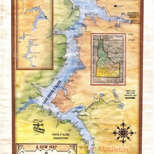 65 Une nouvelle carte du lac Coeur D'Alene Idaho 11x14" affiche imprimée de carte vintage historique antique pour la vente par Great Rivers Arts