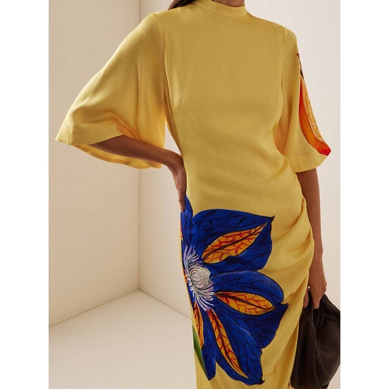 Yellow Half Sleeve Dahlia Printed Crepe Midi Dresses for wholesale on Faire1