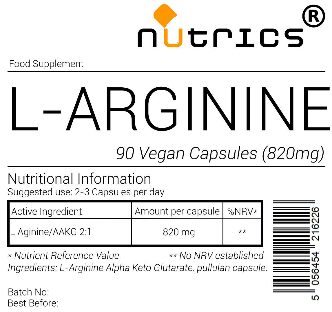 NUTRICS SUPERFOOD - Wholesale Oral Supplement/Vitamin - Nutrics® 100% Pure Vegan L Arginine 820mg x 90 Capsules1