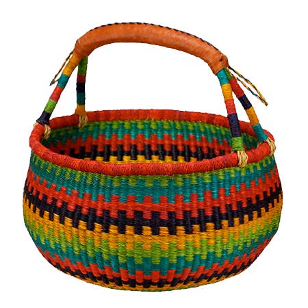 African Market Baskets - Wholesale Basket - G-159A: Large Round Basket W/Leather Handle = 4 Per Case