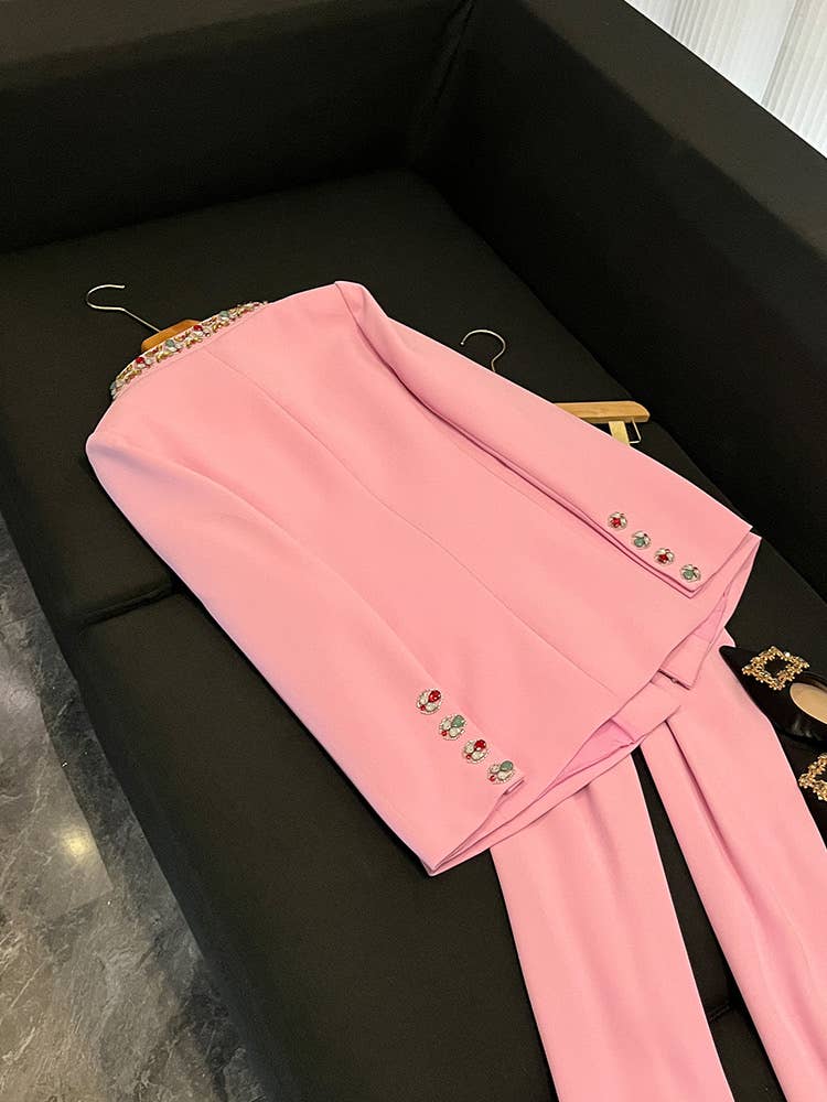 Rose Veste en diamant rose perlée à la main SY379 et costume pantalon skinny en vente sur Faire6