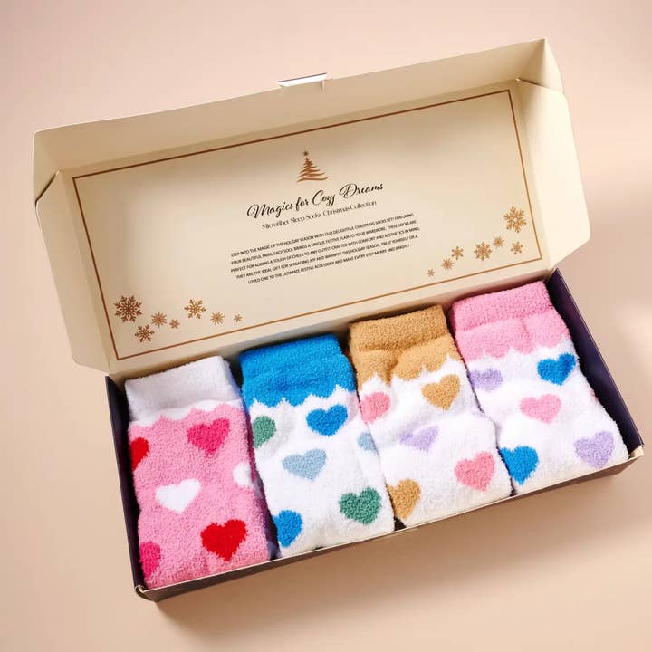 Fuzzy Heart Print Socks Gift Set – 4 Pairs for Christmas Gift for wholesale by Frem
