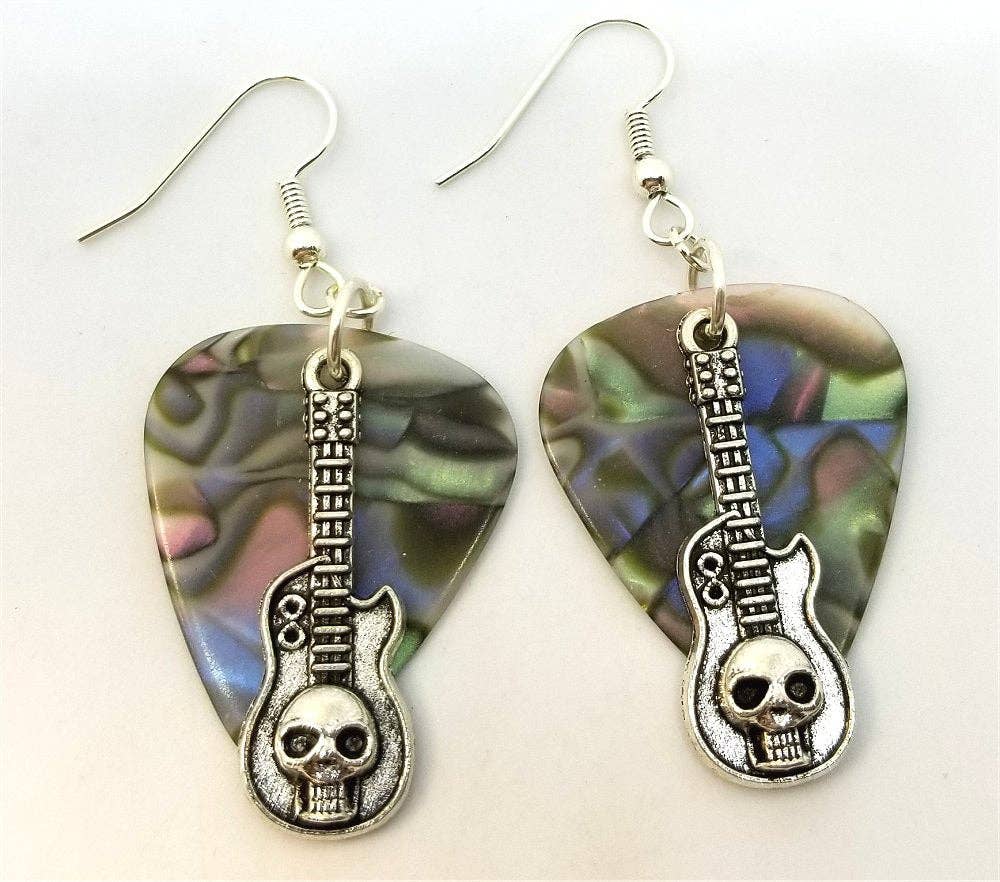 Simply Raevyn - Wholesale Dangle Earrings - Guitar with Skull Charms Guitar Pick Earrings5