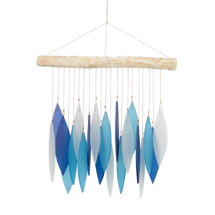 Carillon à vent en verre trempé bleu, bleu clair, feuille blanche pour la vente par Cohasset Gifts