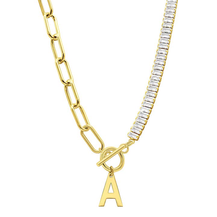 14K Gold Plated Crystal Paperclip Initial Toggle Necklace for wholesale by Adornia