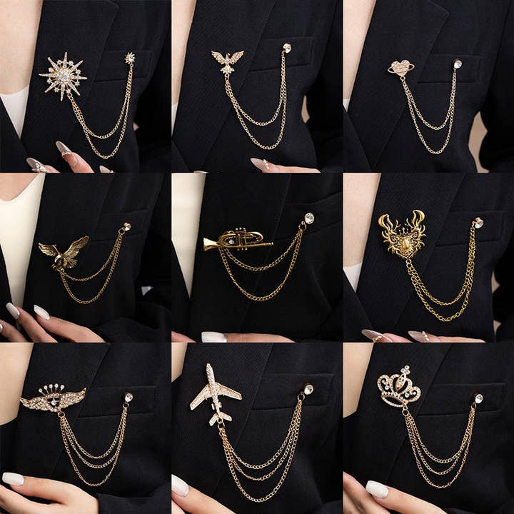 Vintage Crown Tassel Brooch Rhinestone Dress Pin Wholesale for wholesale by kycozy