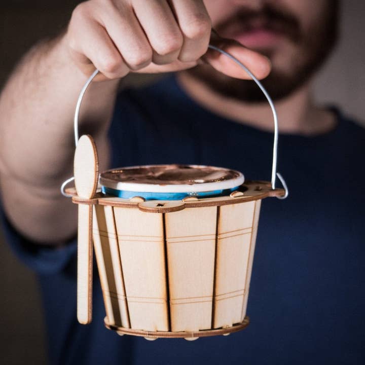 Ice Cream Keeper! A Wooden pint-size holder, Made to Look Like A Vintage Hand-Crank Ice Cream Maker for wholesale by One Man One Garage
