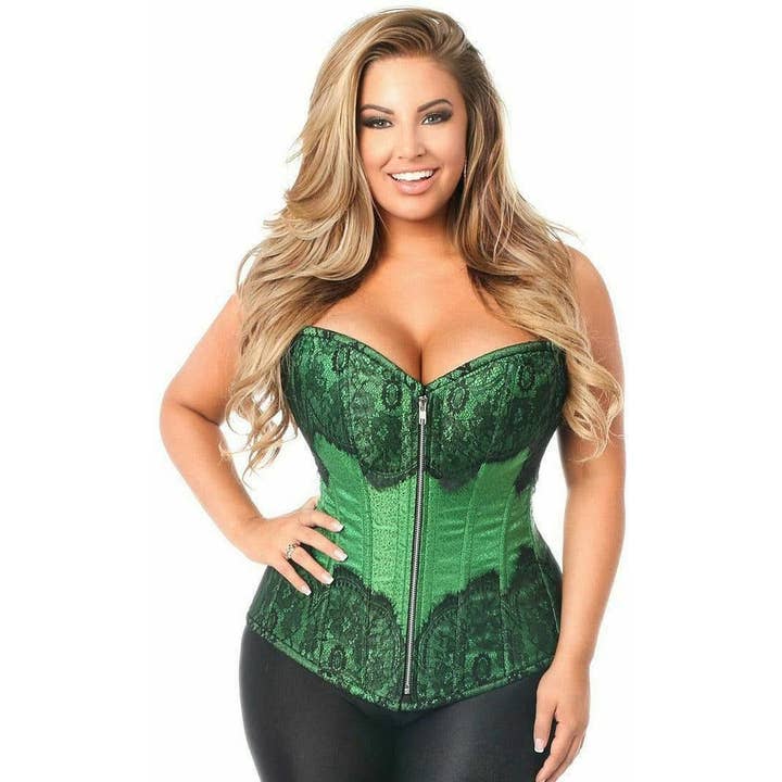 Corset désossé en acier brocart émeraude à tiroir supérieur avec dentelle de cils noire pour la vente par Daisy Corsets