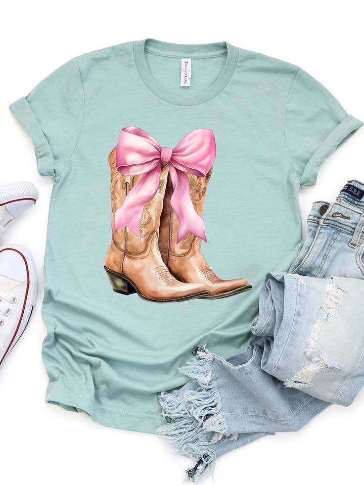 Tickled Teal - Wholesale Screen Printed T-Shirt - Women's - Cowgirl Boots with Bow Graphic Tee | Coquette