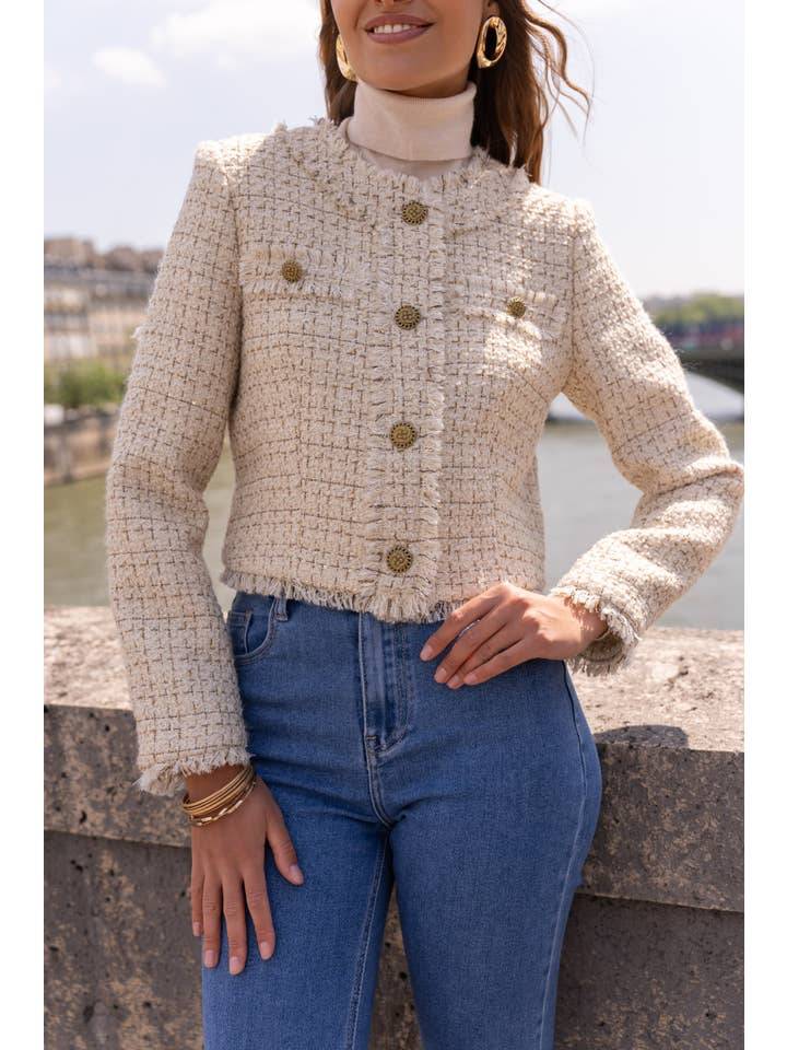 Attentif Paris - Wholesale Blazer – Women's - Cropped crew neck fitted tweed blazer jacket12