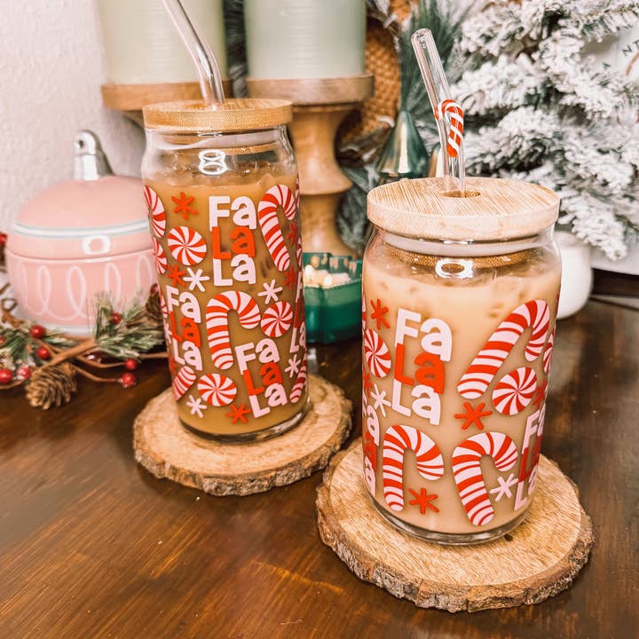 Curly Tailed Designs - Wholesale Drinking Glass/Cup - FaLaLa Candy Canes - 16oz & 20oz Christmas Cup