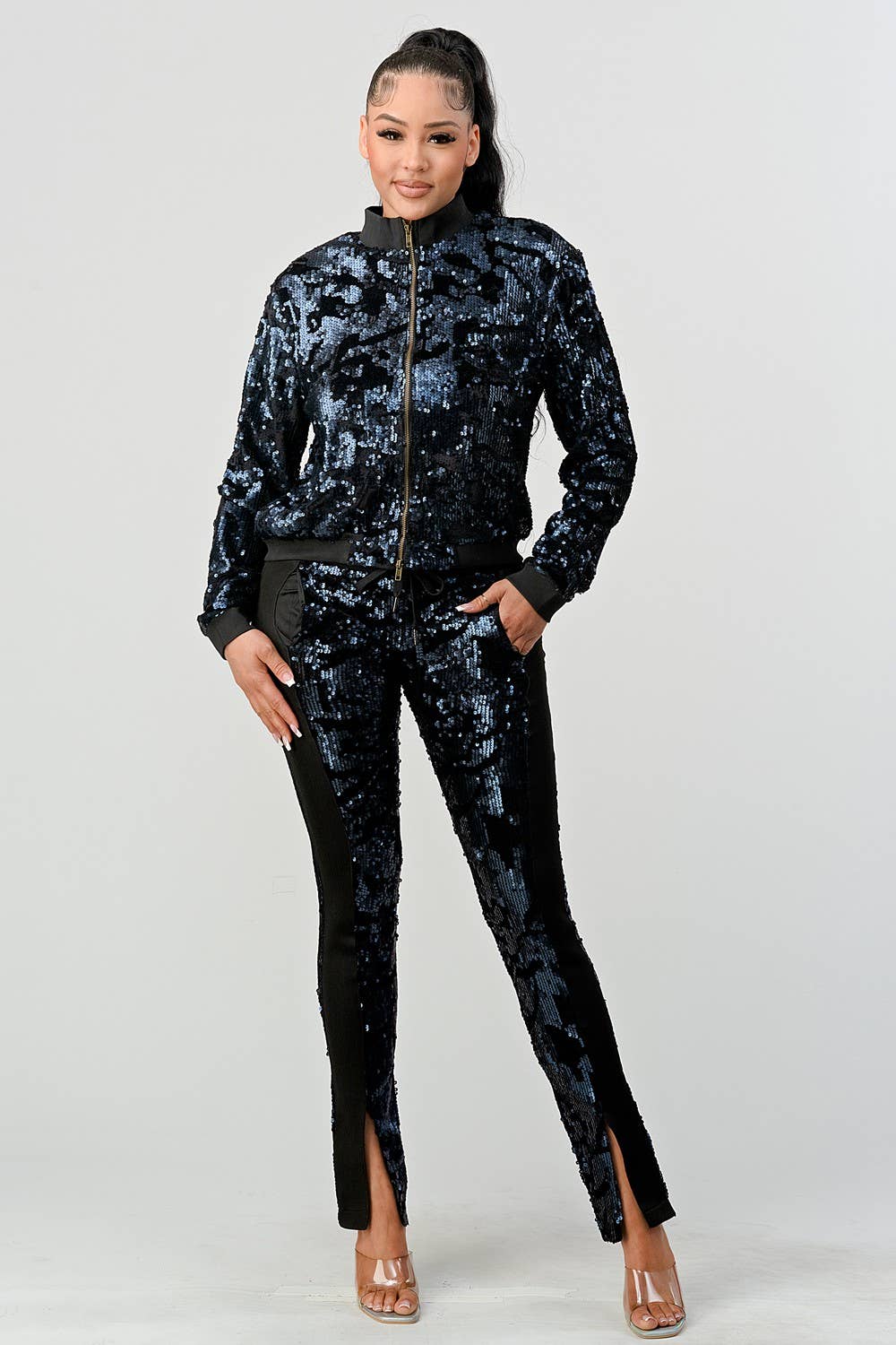 Boswell – Engroshandel Træningsdragt – til kvinder – Træningssæt med lynlås og palietter foran12