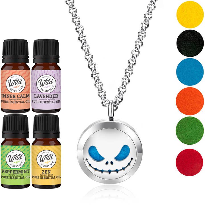 Wild Essentials - Wholesale Aromatherapy necklace - Jack Skullington Necklace Diffuser with 4 essential oils0