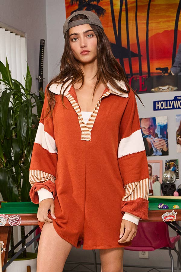 BUCKETLIST INC - Wholesale Romper - Women's - R5507A French Terry Color-block Collared Loose Fit Romper7