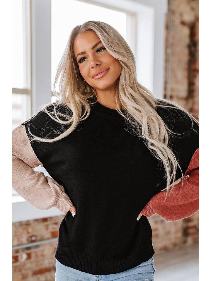 Liam & Company - Wholesale Knit Sweater - Women's - Harlow Colorblock Puff Sleeve Sweater | S-2XL