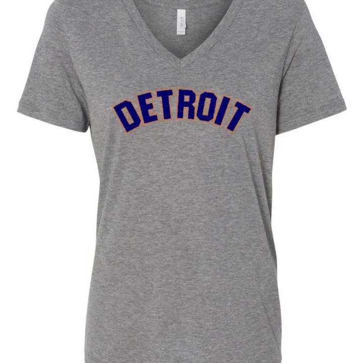 Ladies Relaxed V-neck Detroit Bend 2 color T-shirt - Triblend Grey for wholesale by Detroit Shirt Co.