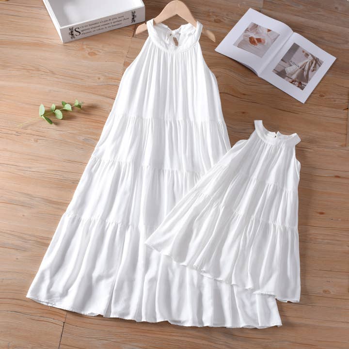 white halter sleeveless Tiered Dress Mommy & Me Matching Dress for wholesale on Faire