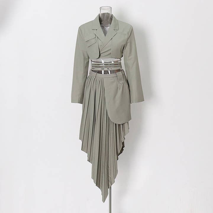 VividLux - Wholesale Top & Skirt Set - Women's - Spring Two Piece Set Blazer Women: Irregular Asymmetric Skirt Design, Fried Street Gas Field Trendy Suit