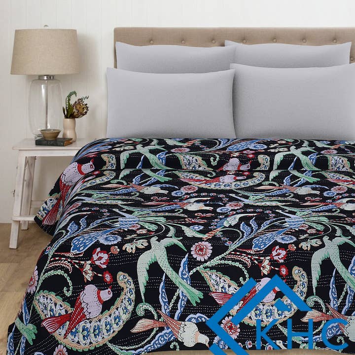 KHC – wholesale Quilt – Navy Blue Bird Print Bohemian Quilt Bedding